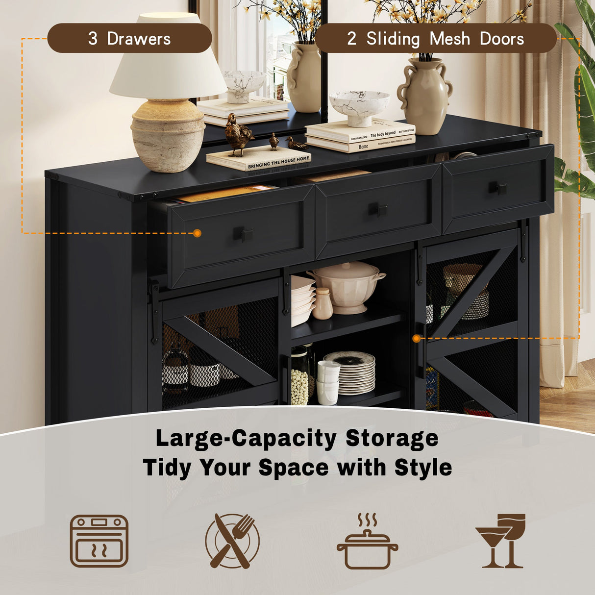 U_Style 55" Sliding Barn Door Sideboard Buffet Cabinet