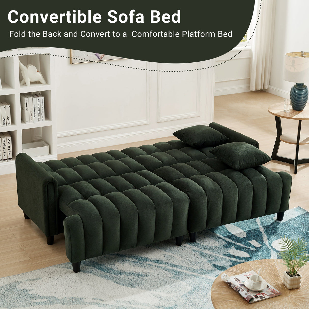 83'' Futon Sofa Bed with Polyester Fabric and 2 PillowsDark Green
