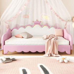 Extending Daybed With LED Lights, Modern Upholstered Princess Daybed With Crown Headboard