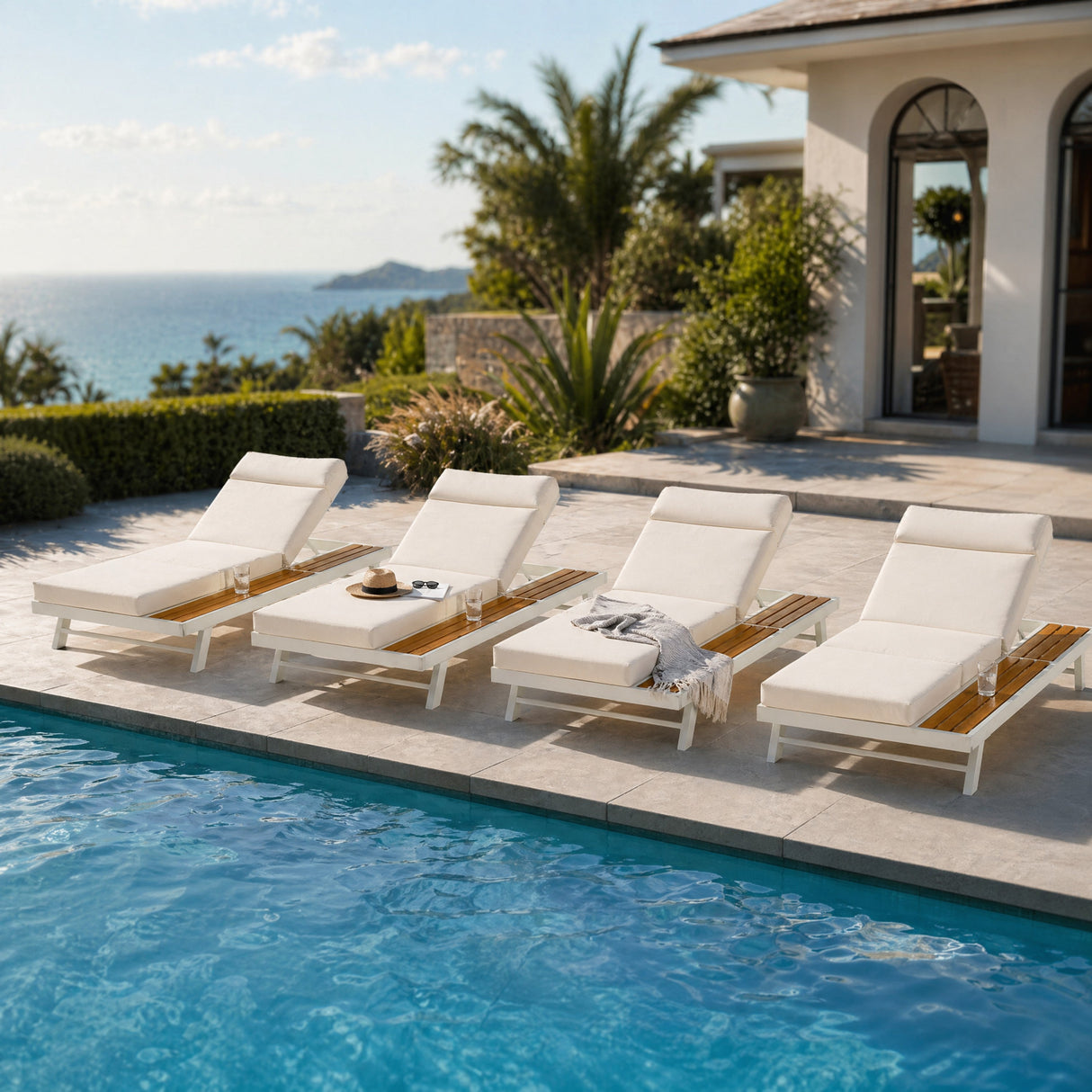 White Iron and Teak Finish Outdoor Chaise Lounge Set