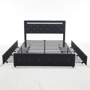 Upholstered Bed Frame With LED Lights, 4 Storage Drawers, Charging Station
