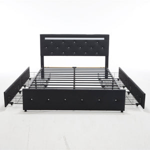 Upholstered Bed Frame With LED Lights, 4 Storage Drawers, Charging Station