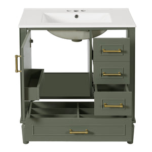 Elegant Olive Green 30' Bathroom Vanity with Ceramic Sink and Ample Storage, Solid Wood and MDF Construction