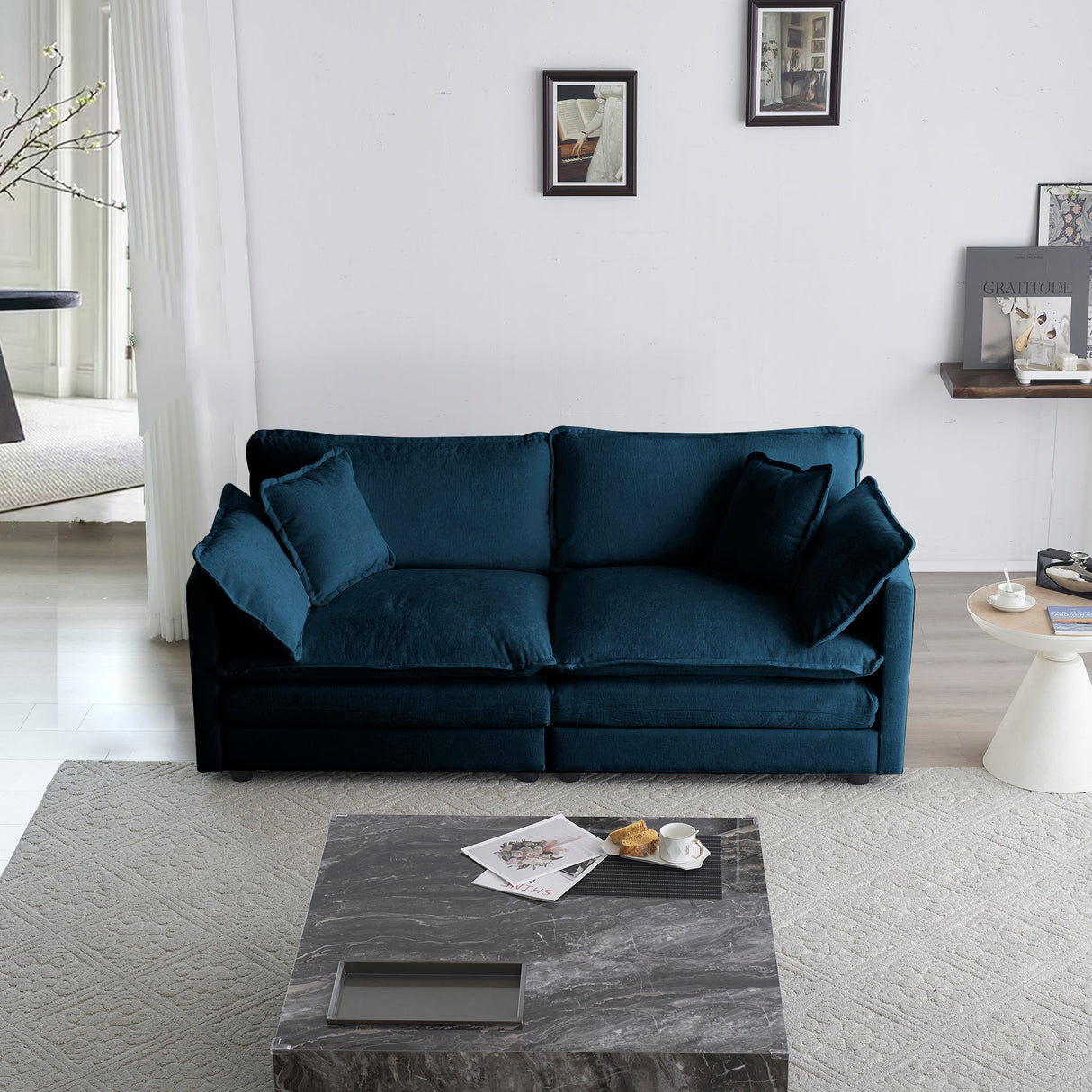 Modern Fabric Loveseat Sofa Couch for Living Room, Upholstered Large Size Deep Seat 2-Seat Sofa with 4 Pillows, Blue
