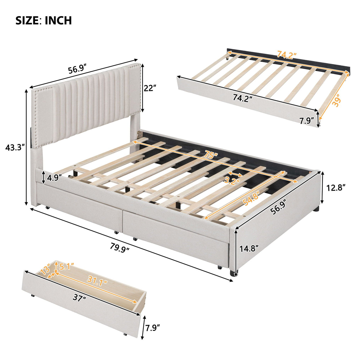 Upholstered Platform Bed With Drawers, Classic Headboard Design