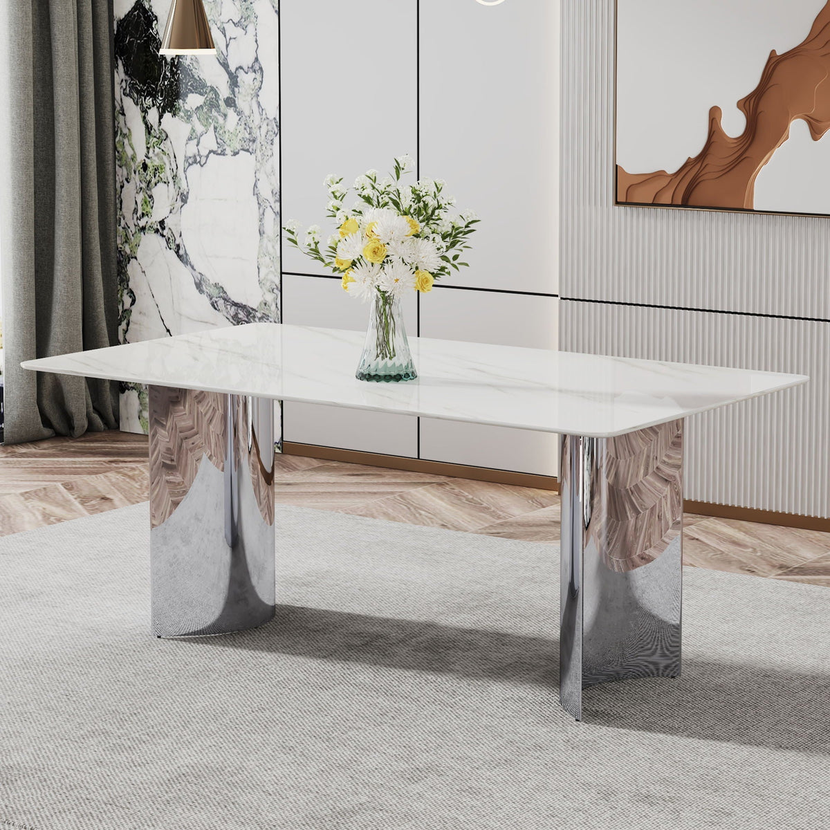 Modern Minimalist Dining Table With Imitation Marble Glass Desktop And Metal Legs