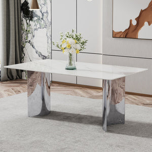 Modern Minimalist Dining Table With Imitation Marble Glass Desktop And Metal Legs