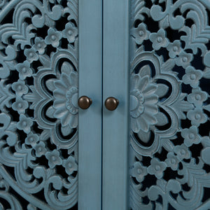 60" Antique Buffet Cabinet with Floral Carvings and Adjustable Shelves