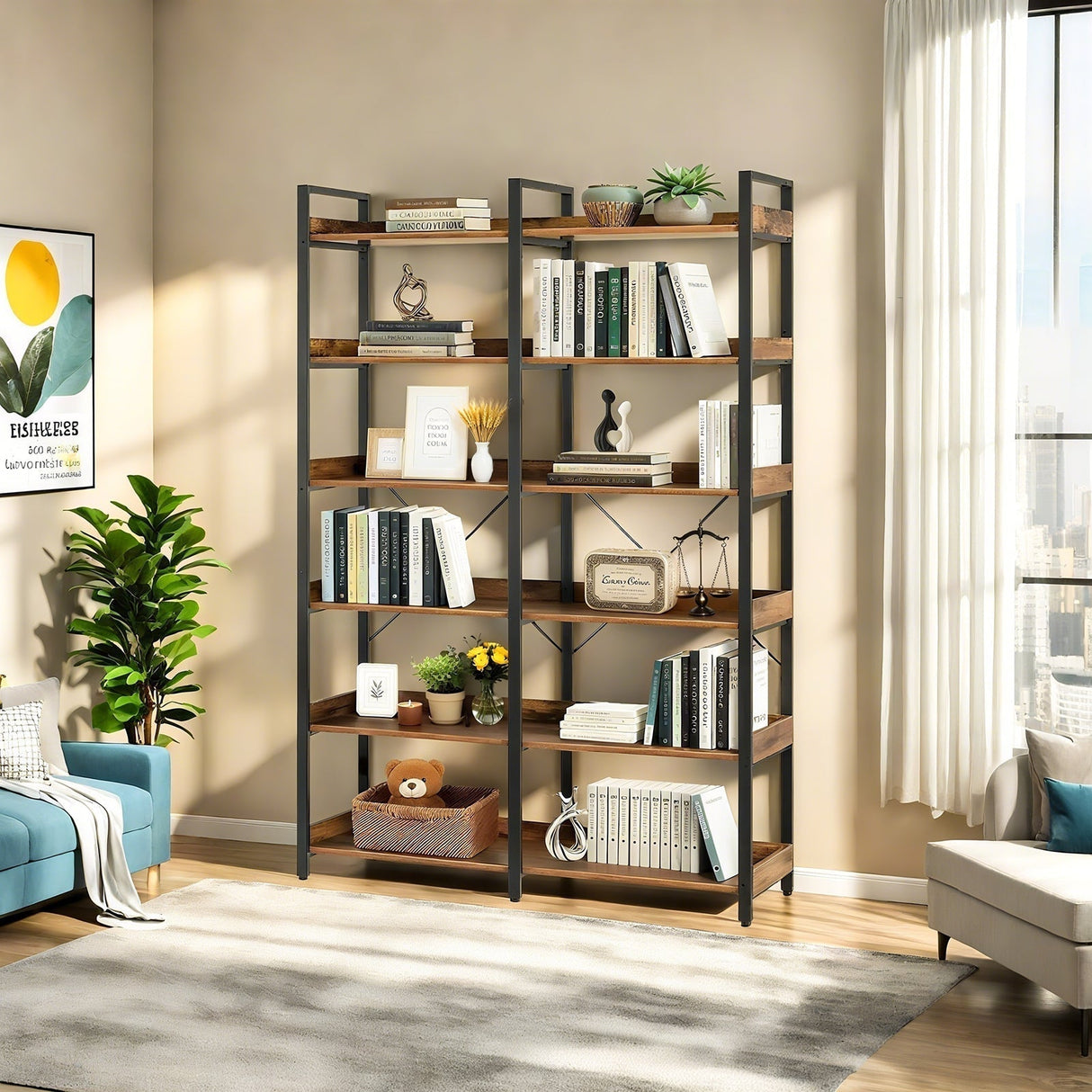 6-Tier Industrial Bookshelf With 12 Open Shelves