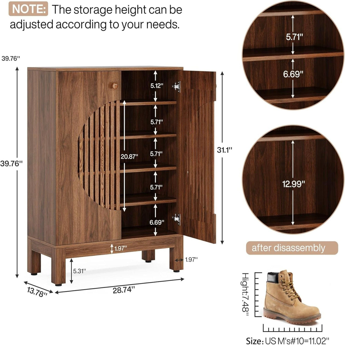 5 Tier Shoe Cabinet With Round Louvered Doors, Storage Organizer - Brown