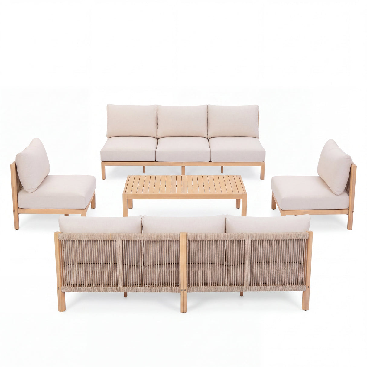 5 Piece Acacia Wood Outdoor Sofa Set with Rope-Woven Chairs