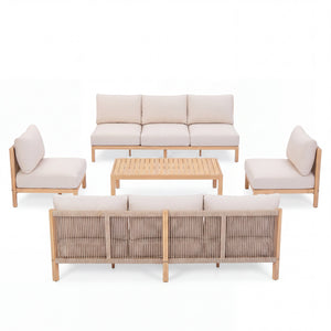 5 Piece Acacia Wood Outdoor Sofa Set with Rope-Woven Chairs
