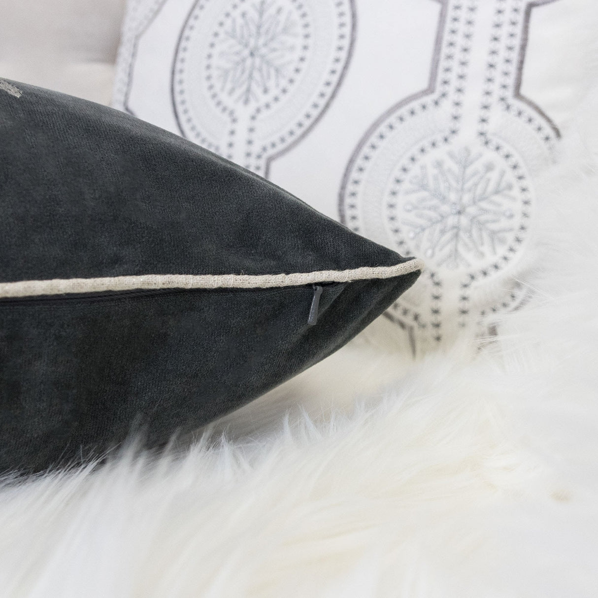 Gray Velvet Holiday Throw Pillow with Snowflake Wreath Embroidery