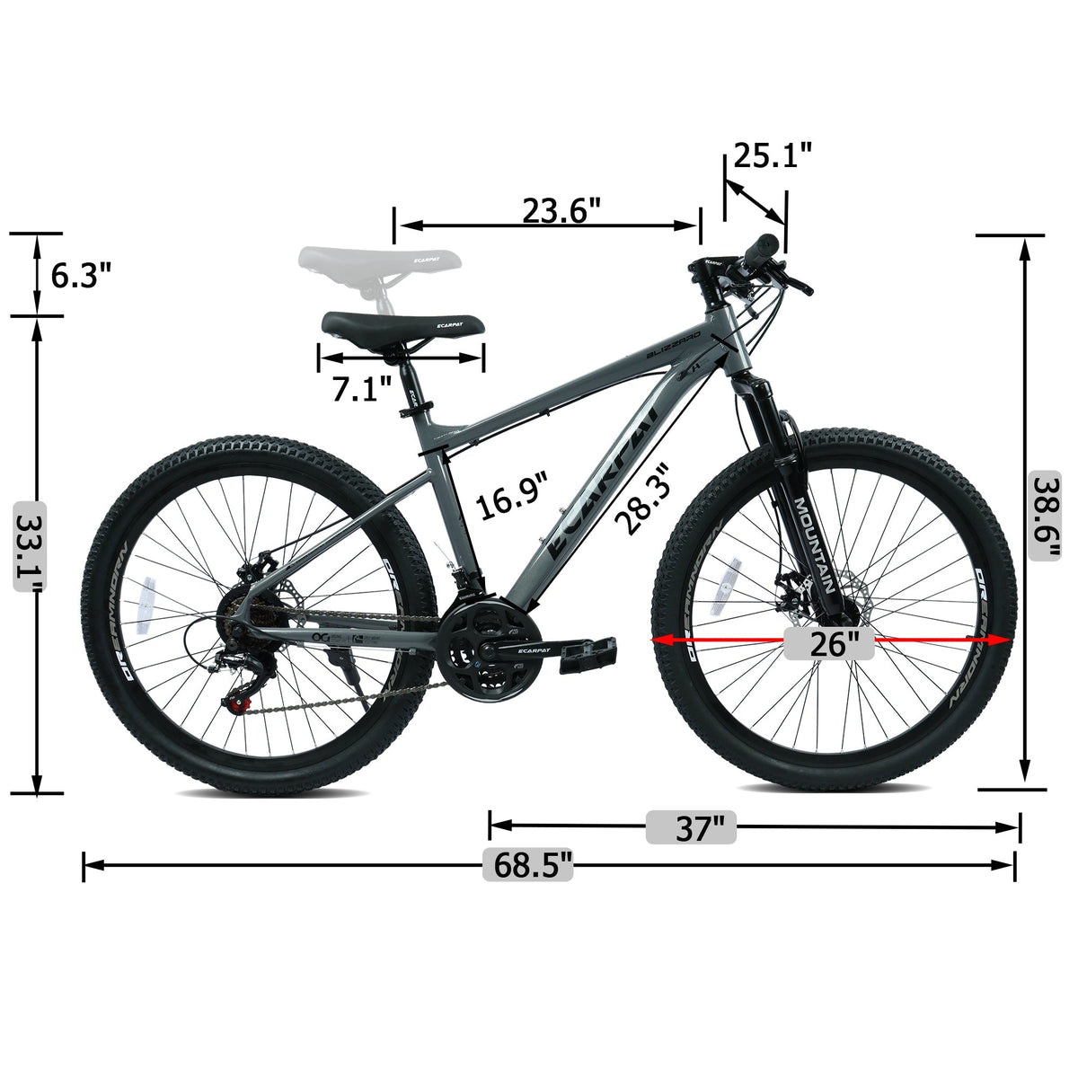 26 Inch All-Terrain Mountain Bike with Disc Brakes - Carbon Steel