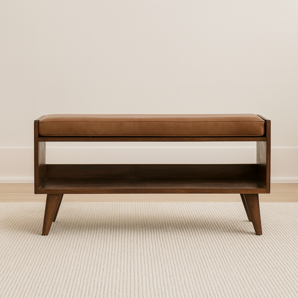 Solid Wood Chestnut Bench with Leather Seat Pad