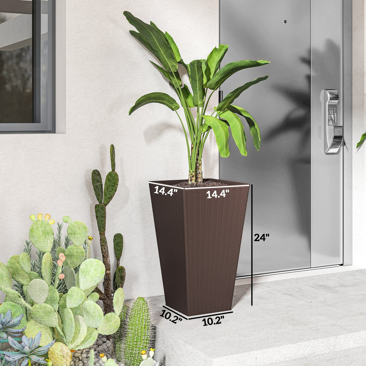 Outdoor Flower Plant Pots - Set of 3 Tall Planters with Drainage Hole