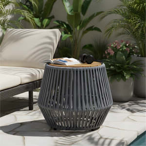 Acacia Wood Side Table with Grey Rope Design