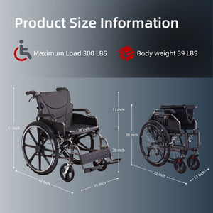 Lightweight Wheelchair Foldable For Adults, Manual Transport Chair With Double Brakes