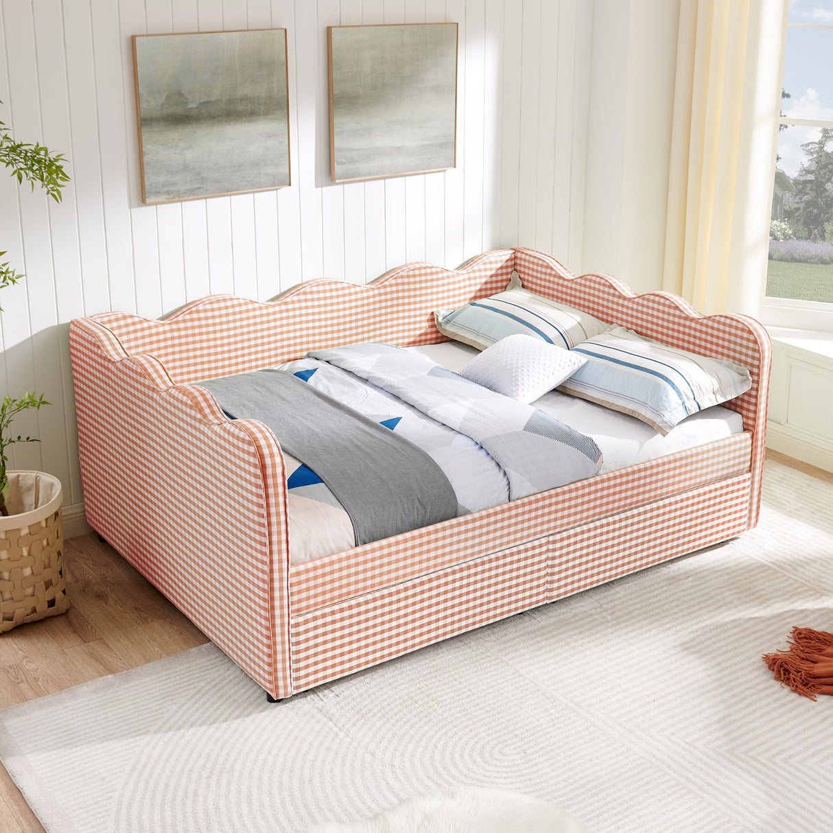 Full Size Cozy Gingham Daybed with Two Storage Drawers