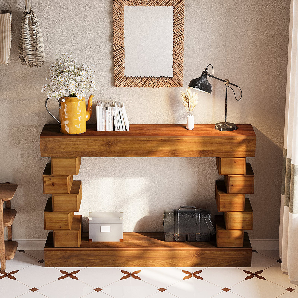 Geometric Block Stacked Wood Console Table