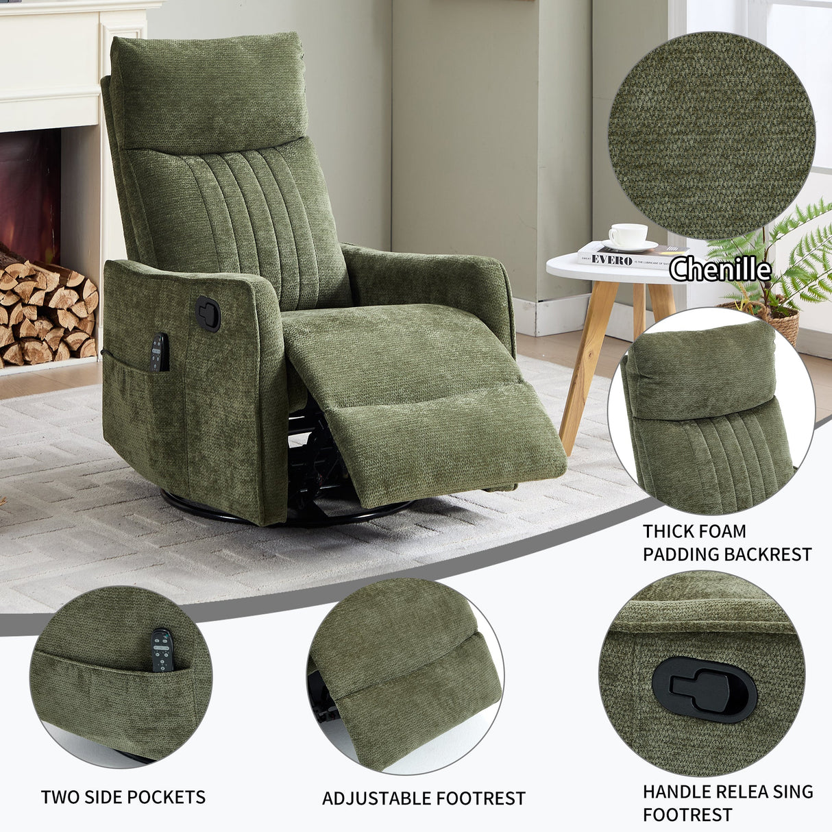 Green Heat Massage Manual Recliner Chair with Rocker and Swivel
