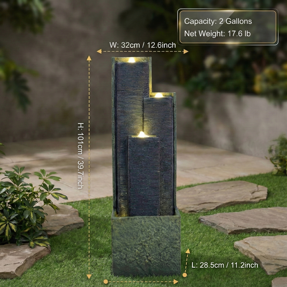 39'' H Outdoor Water Fountain Modern Cascading Freestanding Fountain with LED Lights