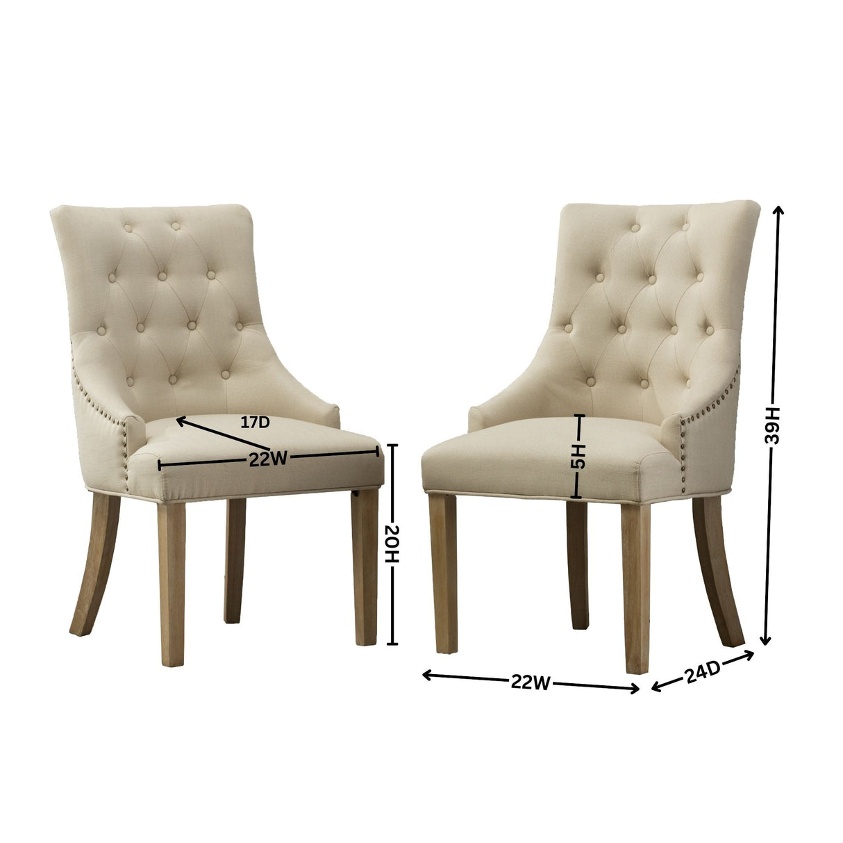 Tan Button Tufted Solid Wood Wingback Hostess Chairs, Set of 2