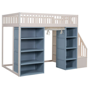 Full Size Loft Bed With 2 Four Layer Storage Cabinets And Curtain With Built In Staircase And Privacy Curtain - White