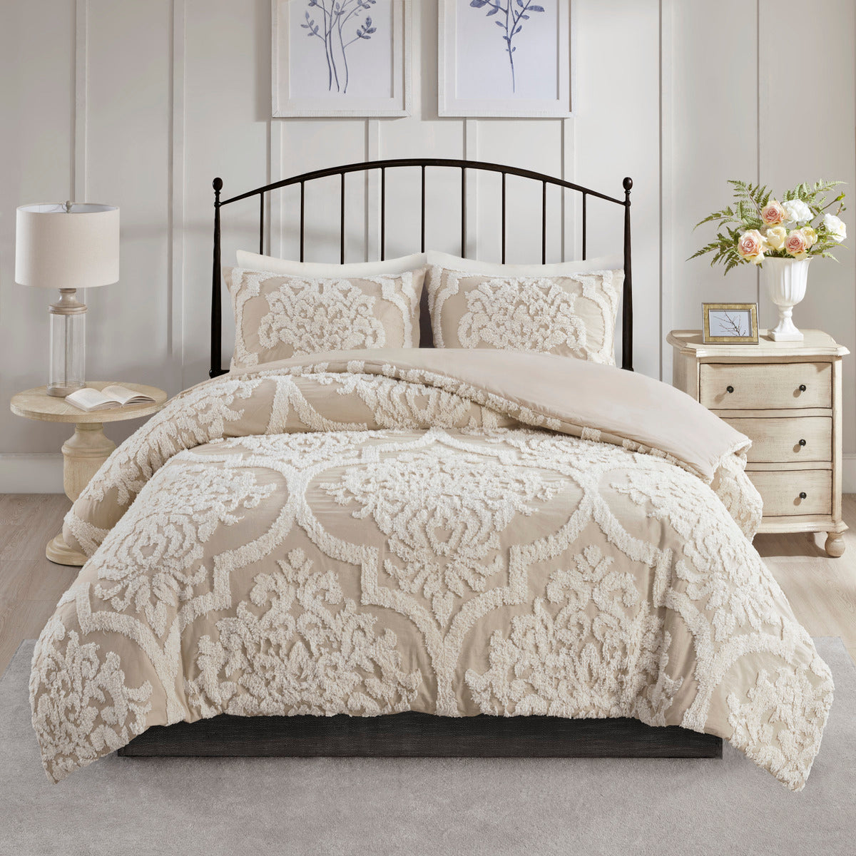 3 Piece Tufted Cotton Chenille Damask Comforter Set Taupe King/Cal King