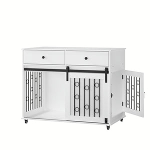 Dog Crate Furniture With Double Drawers And Sliding Barn Door, Pet Kennel For Small To Medium Dogs - White