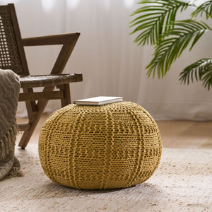 Yuny Knitted Cotton Round Pouf With Modern Design - Yellow
