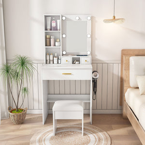 Vanity Set with Mirror, Adjustable LED Lights & Power Outlet - Wood & Mirror
