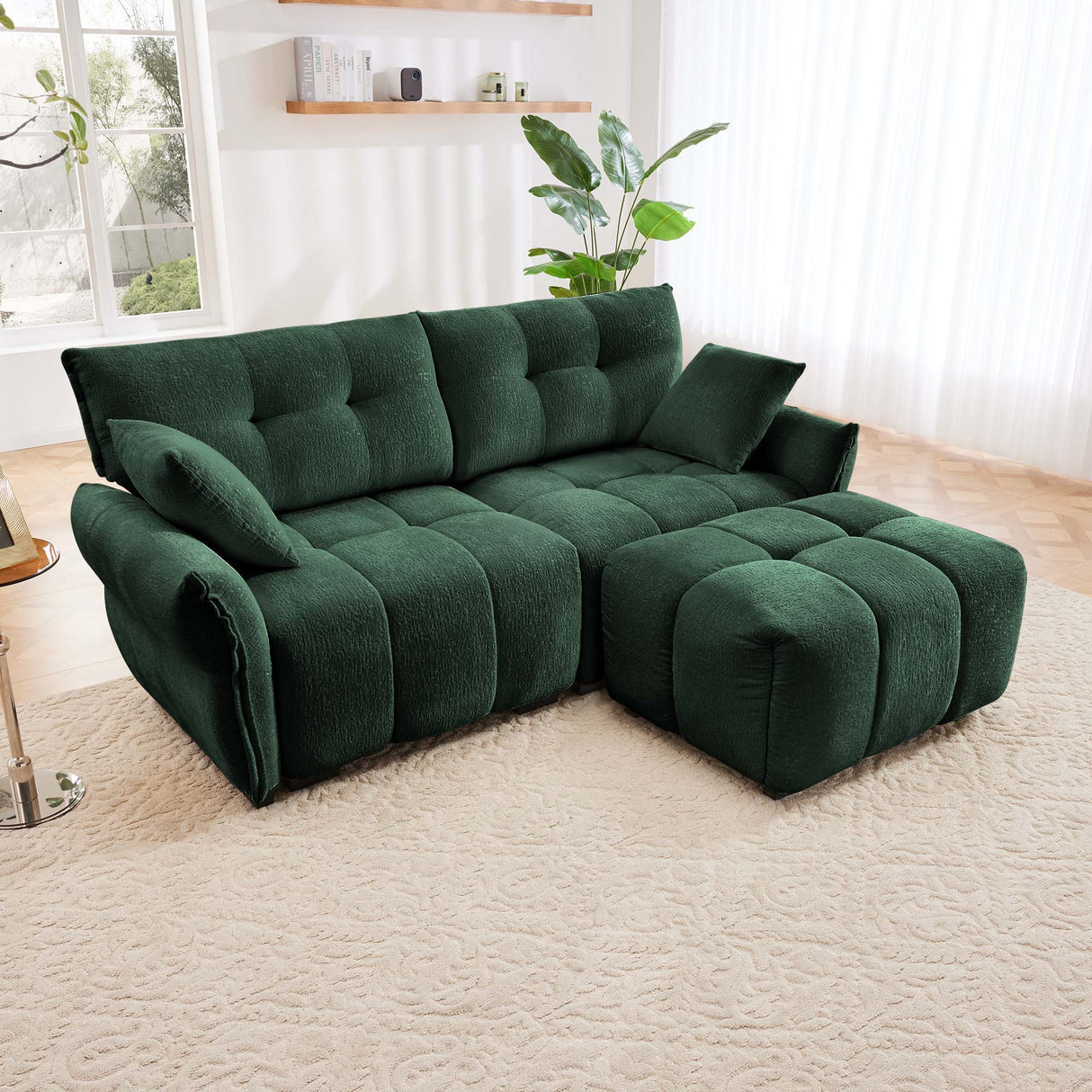 Modern Chenille Fabric 2-Seater Sofa With Ottoman