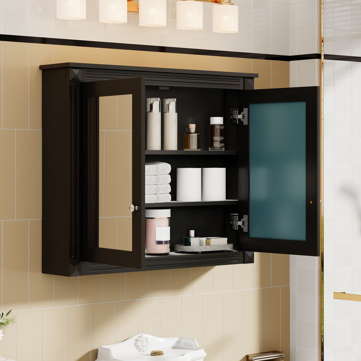 Wall-Mounted Medicine Cabinet with Dual Mirrors and Adjustable Shelves - Black or White