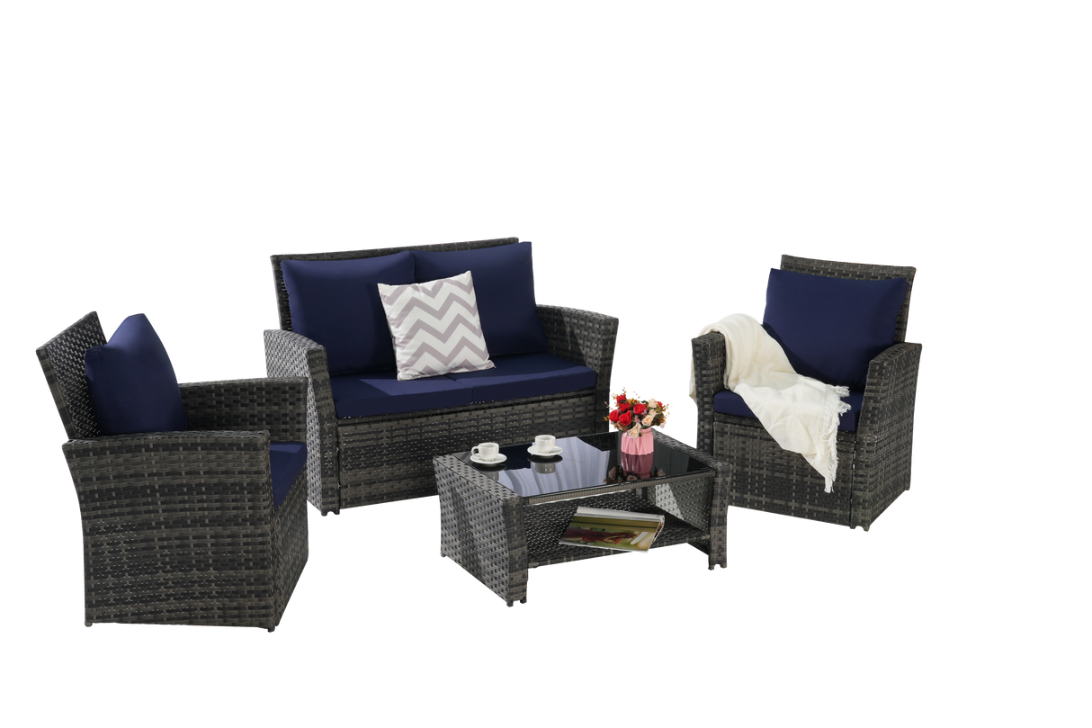 4 Pieces Outdoor Patio Furniture Set with Rattan Chairs and Tempered Glass Table