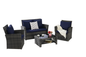 4 Pieces Outdoor Patio Furniture Set with Rattan Chairs and Tempered Glass Table