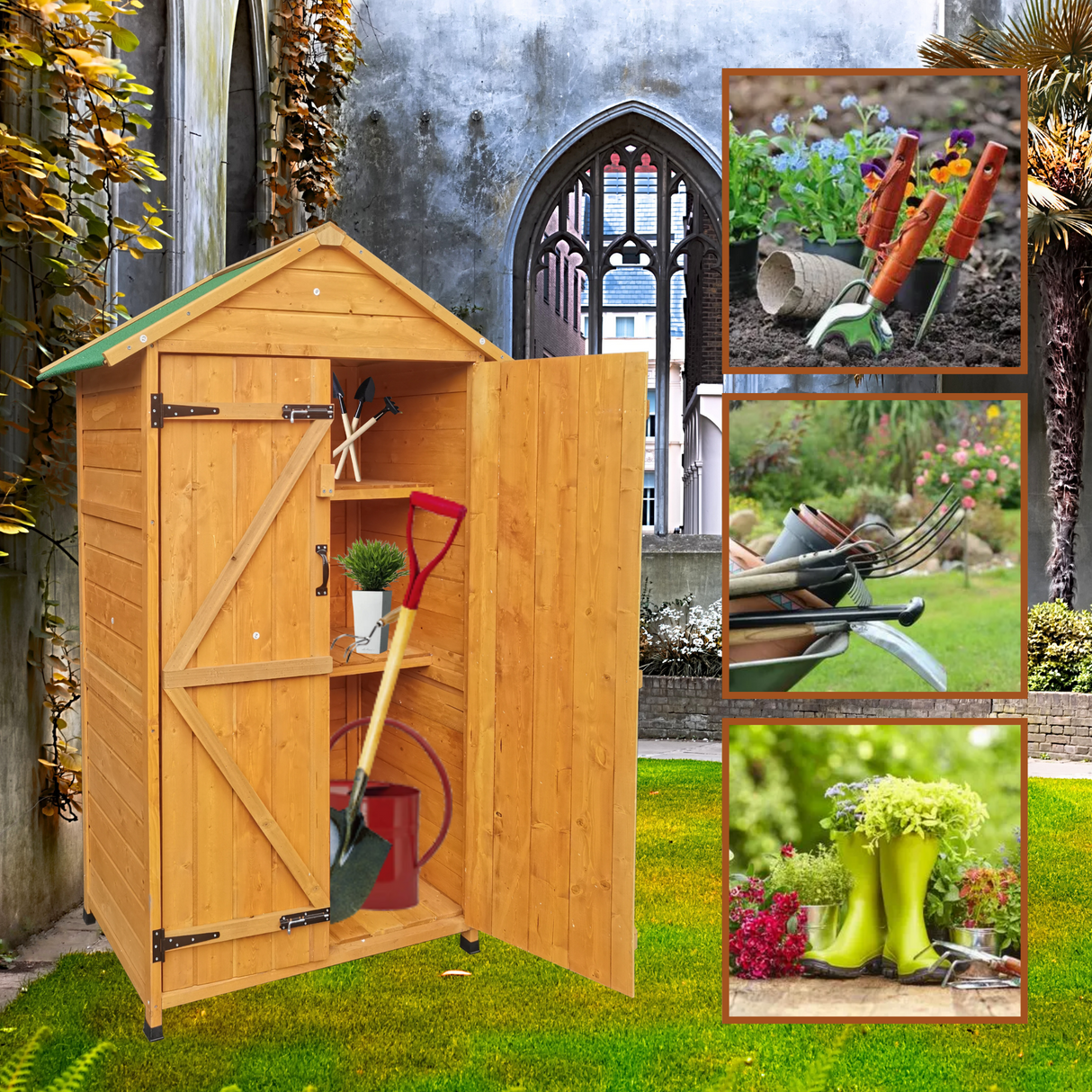 Xwt010 wooden shed natural for backyard garden big spire tool storage 68.50'x 22.83'x 40.35'