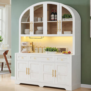 K&K 75.8" Tall Arched Kitchen Pantry Cabinet with LED & Charging Station