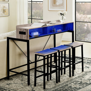 59 Inch Bar Table with Stools and LED Light
