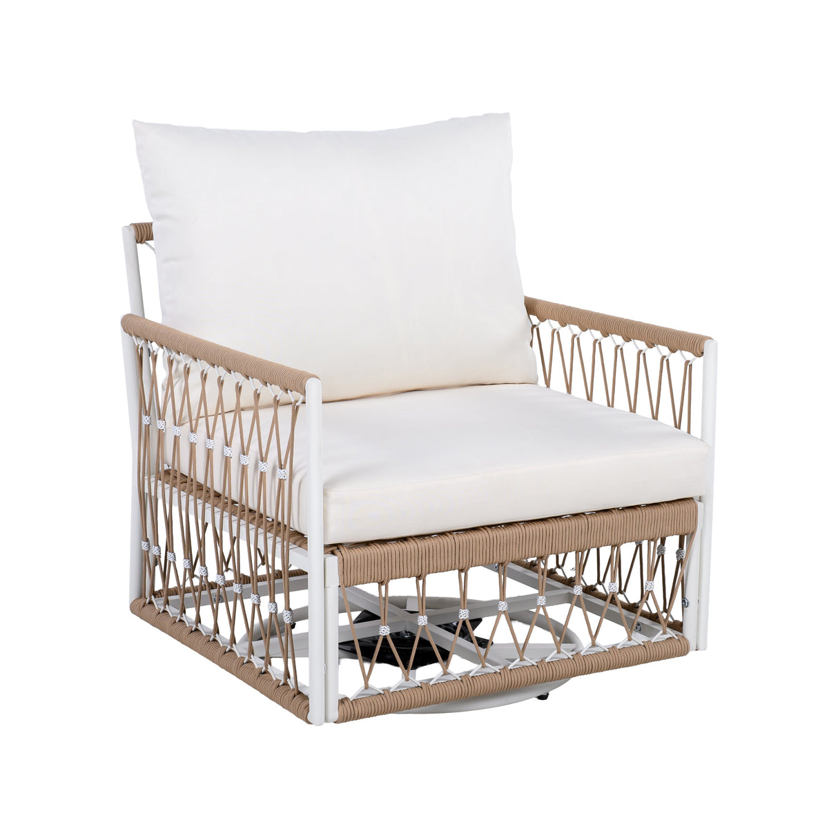 [Set of 2] 360° Swivel Bohemian Outdoor Lounge Chair with Handwoven Rope & Powder-Coated Steel Frame, Waterproof Cushions - Patio, Garden, Poolside