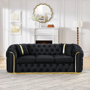 Button Tufted Couch With 2 Pillows, 3 Seater Luxury Chesterfield Sofa
