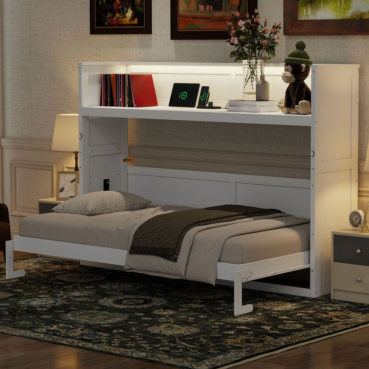 Murphy Bed With Desk, LED Light And USB Charging Station