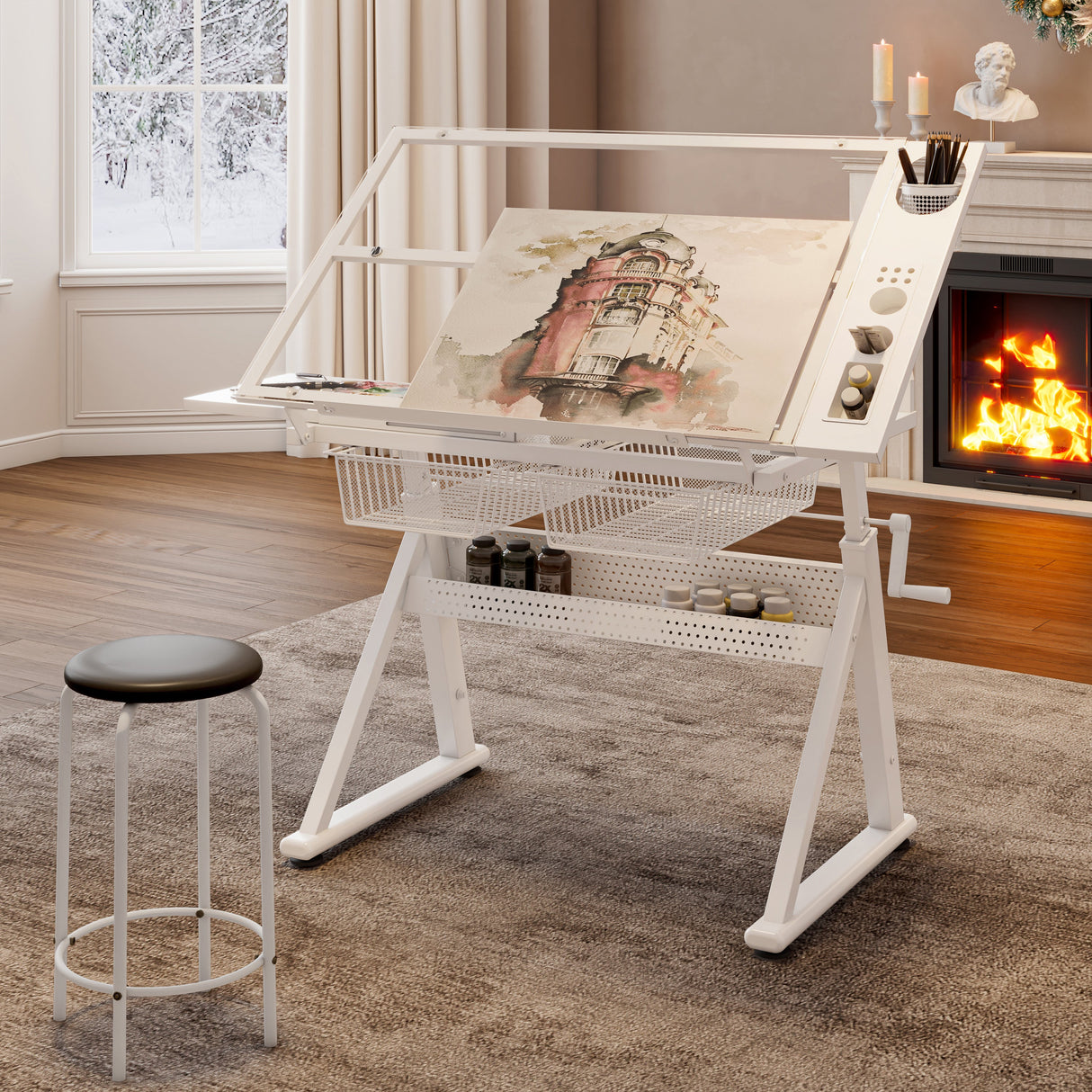 Hand Crank Adjustable Tempered Glass Drafting Table with Chair