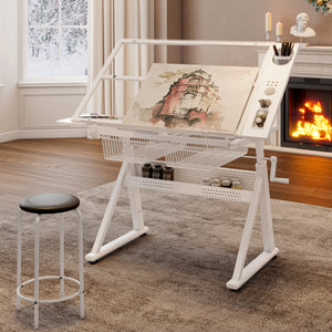 Hand Crank Adjustable Tempered Glass Drafting Table with Chair