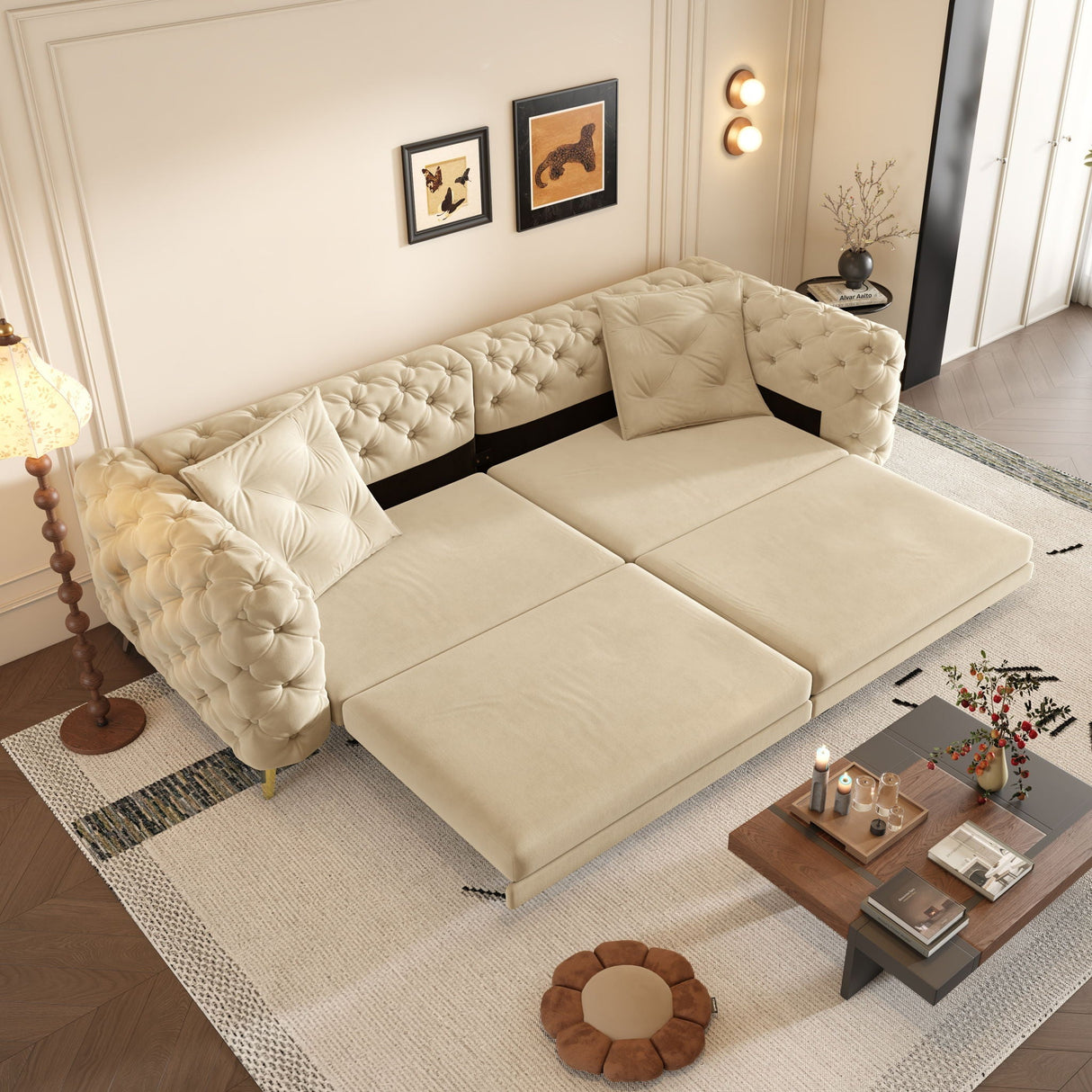 3 In 1 Convertible Sleeper Sofa, Pull Out Bed, Button Tufted, 4 Seater Couch With Movable Ottoman For Apartment - Apricot