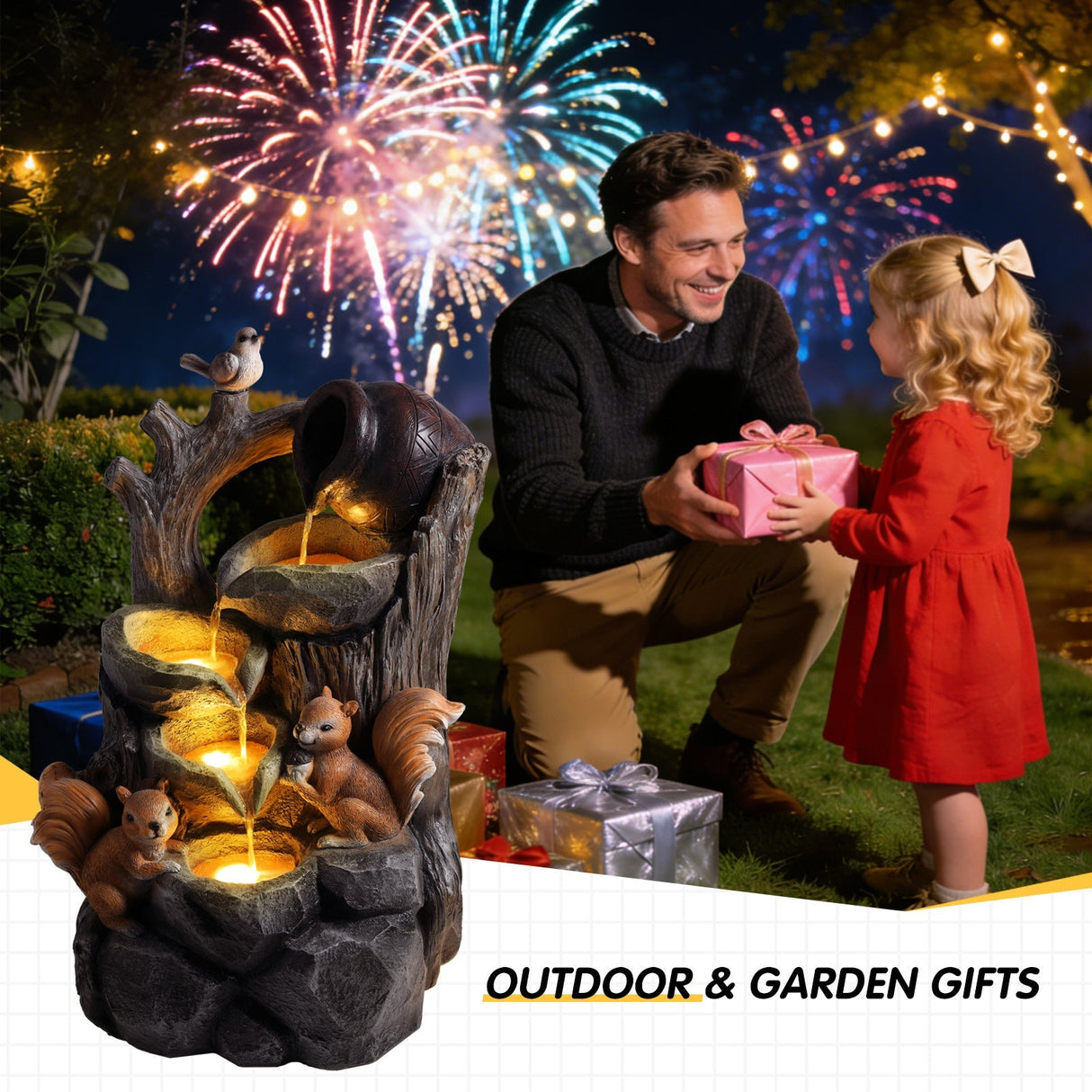 Squirrel Outdoor Water Fountain with Lights