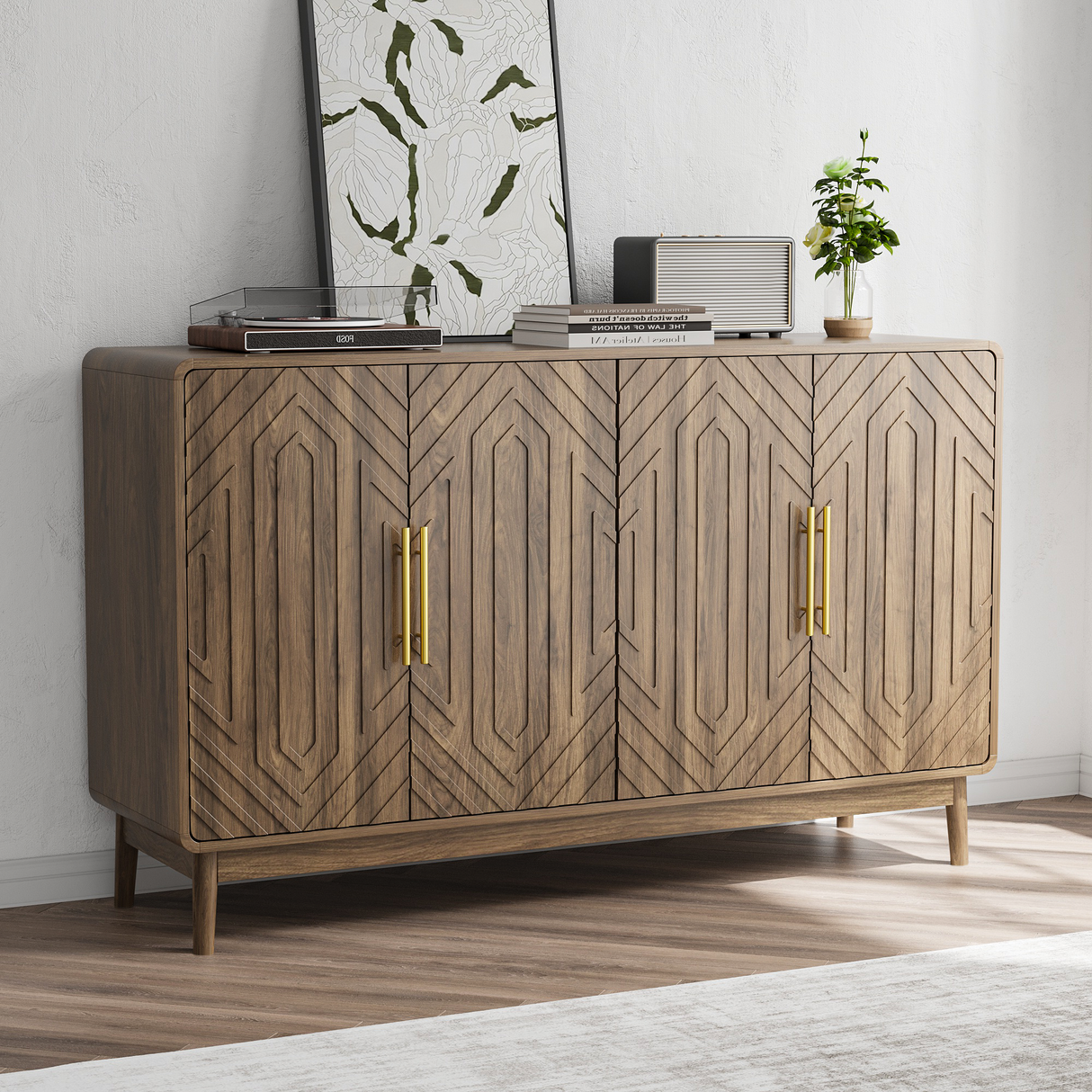 Wood Sideboard with 4 Doors and Metal Handle
