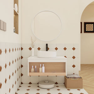 Floating Bathroom Vanity With Glossy Round Vessel Sink