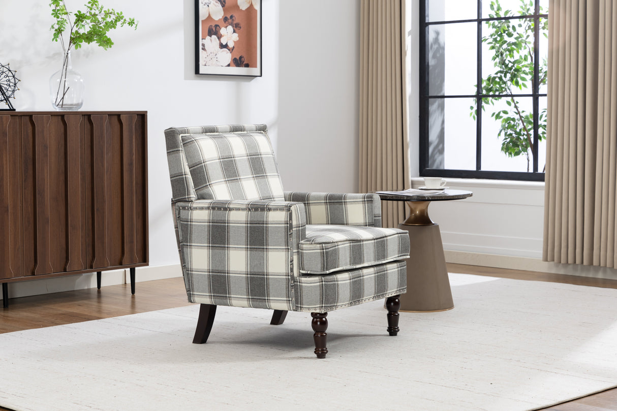 Upholstered Accent Chair, Vintage Armchair with Solid Wood Legs