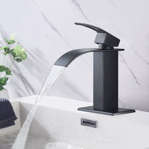 Waterfall Spout Bathroom Sink Single Handle Faucet with Pop-Up Drain